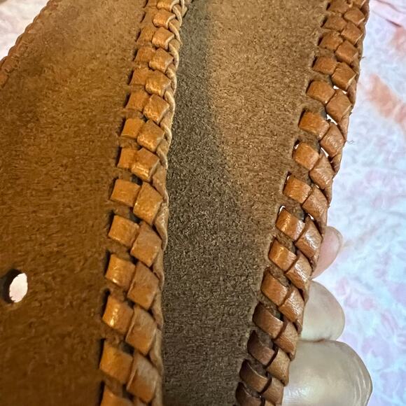 Vintage Lands End tan suede leather belt Western braided trim and buckle 90s Y2K - Picture 6 of 10